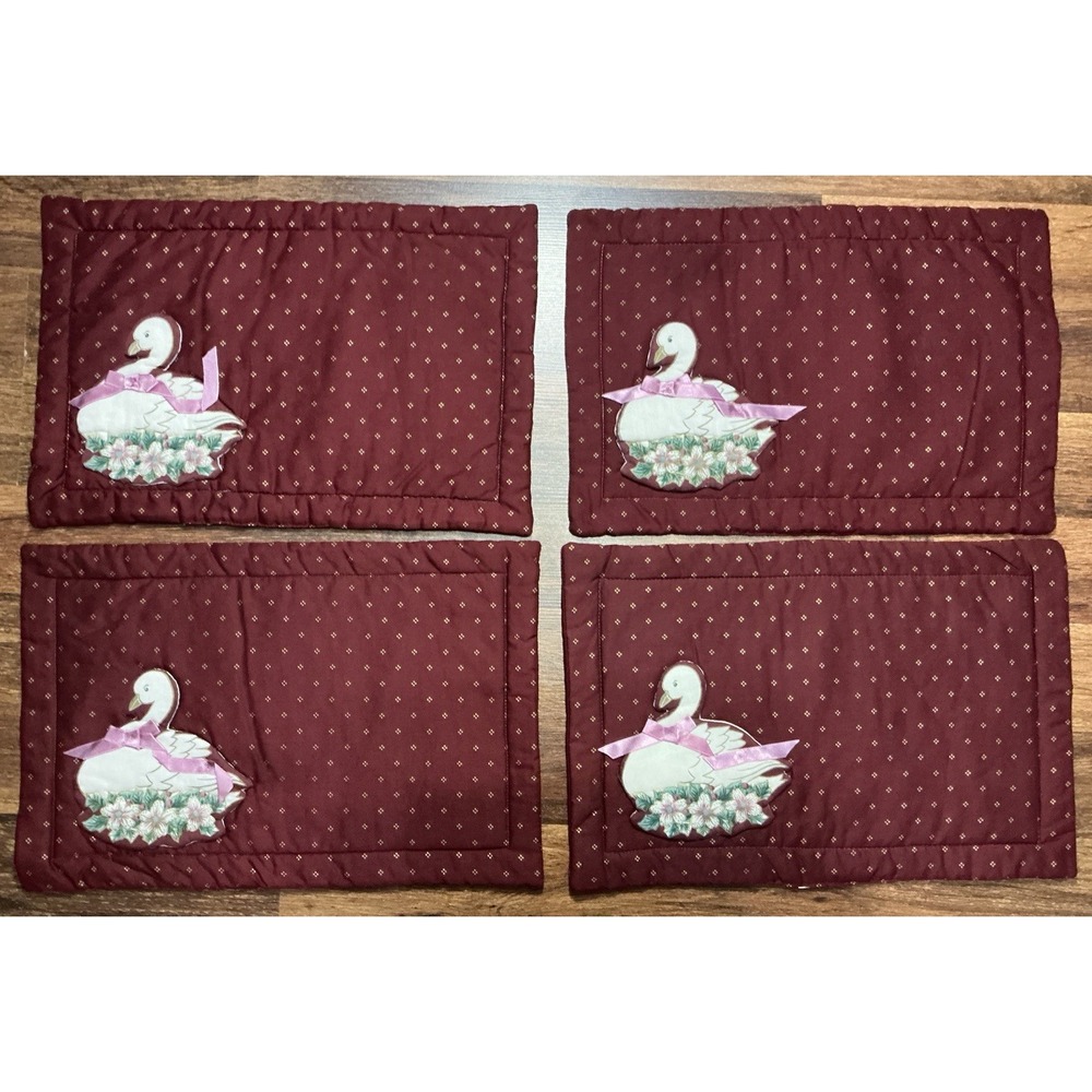 Set Of 4 Swan On Floral Foliage W/Pink Ribbon Quilted Placemats 18in X 11.5in